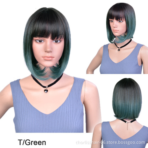 Top Quality 180% Density Bob Wig 12 Inch Ombre Short Straight Wavy Bob With Bangs Heat Resistance Synthetic Wigs